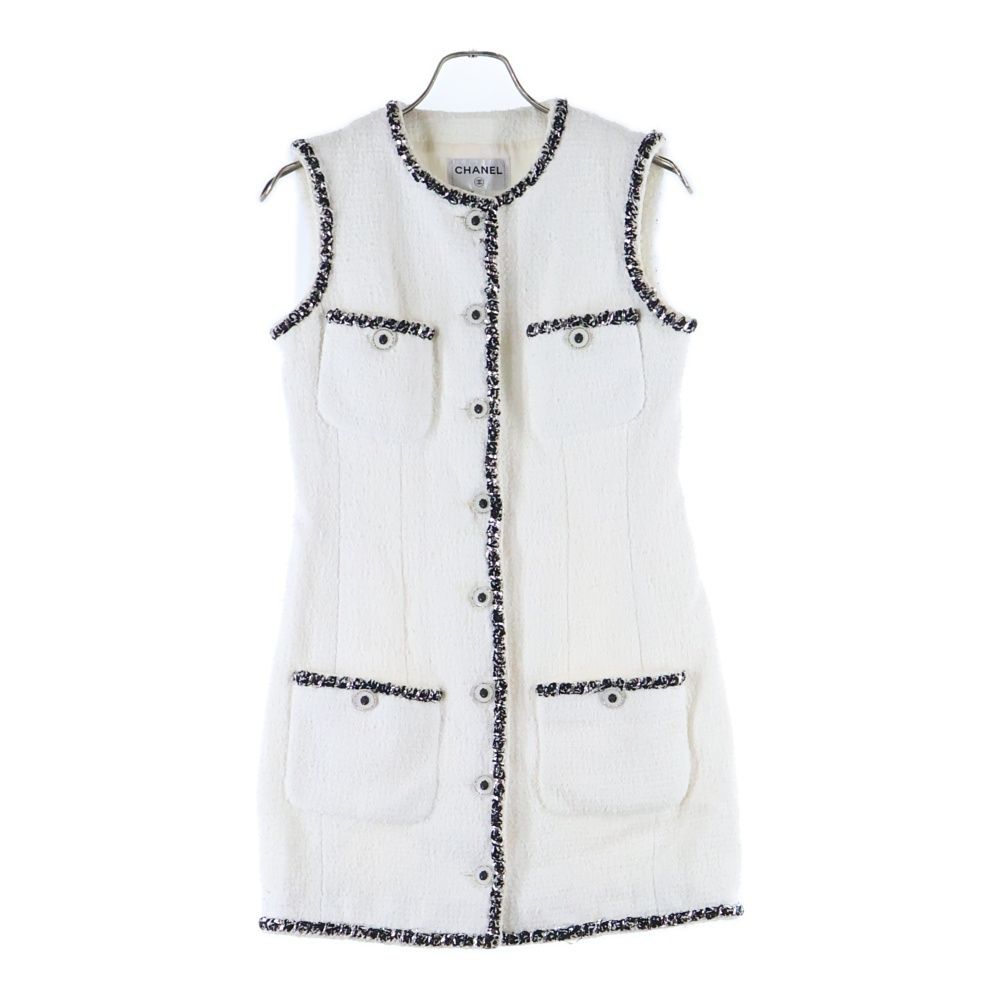 CHANEL シャネル ノースリーブ ツイード ワンピース ドレス ホワイト