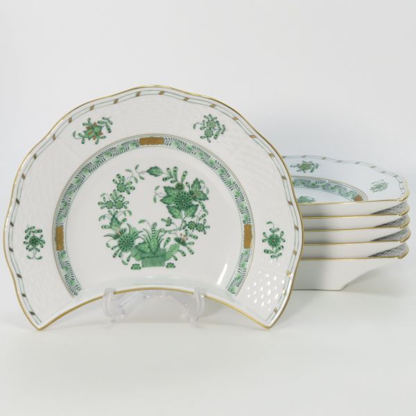 ヘレンド プレート インドの華 アポニーグリーン 三日月型プレート セット 18.5 cm×12.5 cm HERENDO 洋食器 半月皿 金彩 1級品