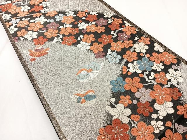 平和屋着物◎六通柄袋帯 唐織 鴛鴦枝梅文 黒地 金銀糸 正絹 逸品