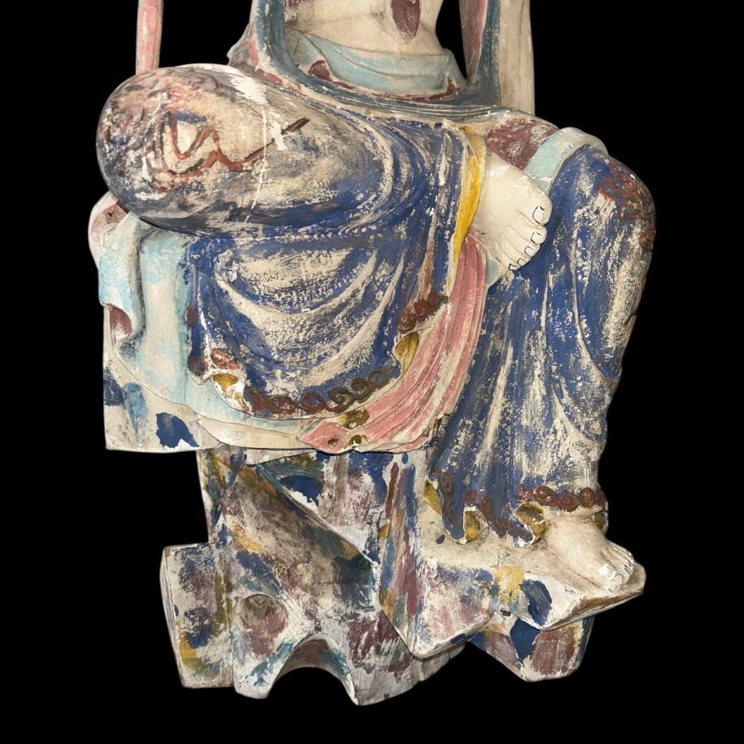 某有名廃寺から出た な仏像 彩色観音像菩薩 高さ100 cm 重さ約30 kg 木彫り 一級品 時代物 100年以上前の仏像 手描き