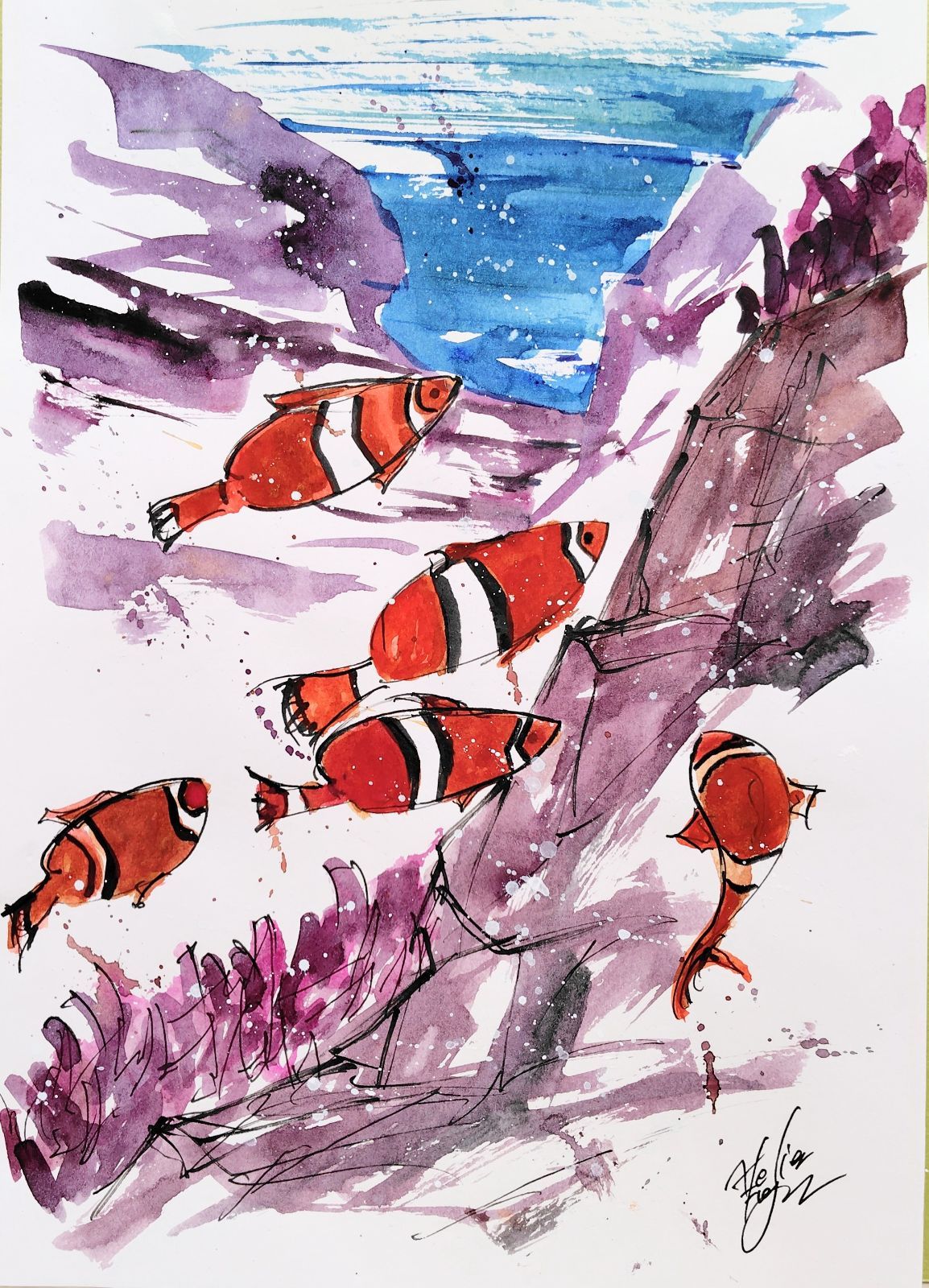 原画#197 魚 海 水彩画 ドローイング インテリア アート イラスト