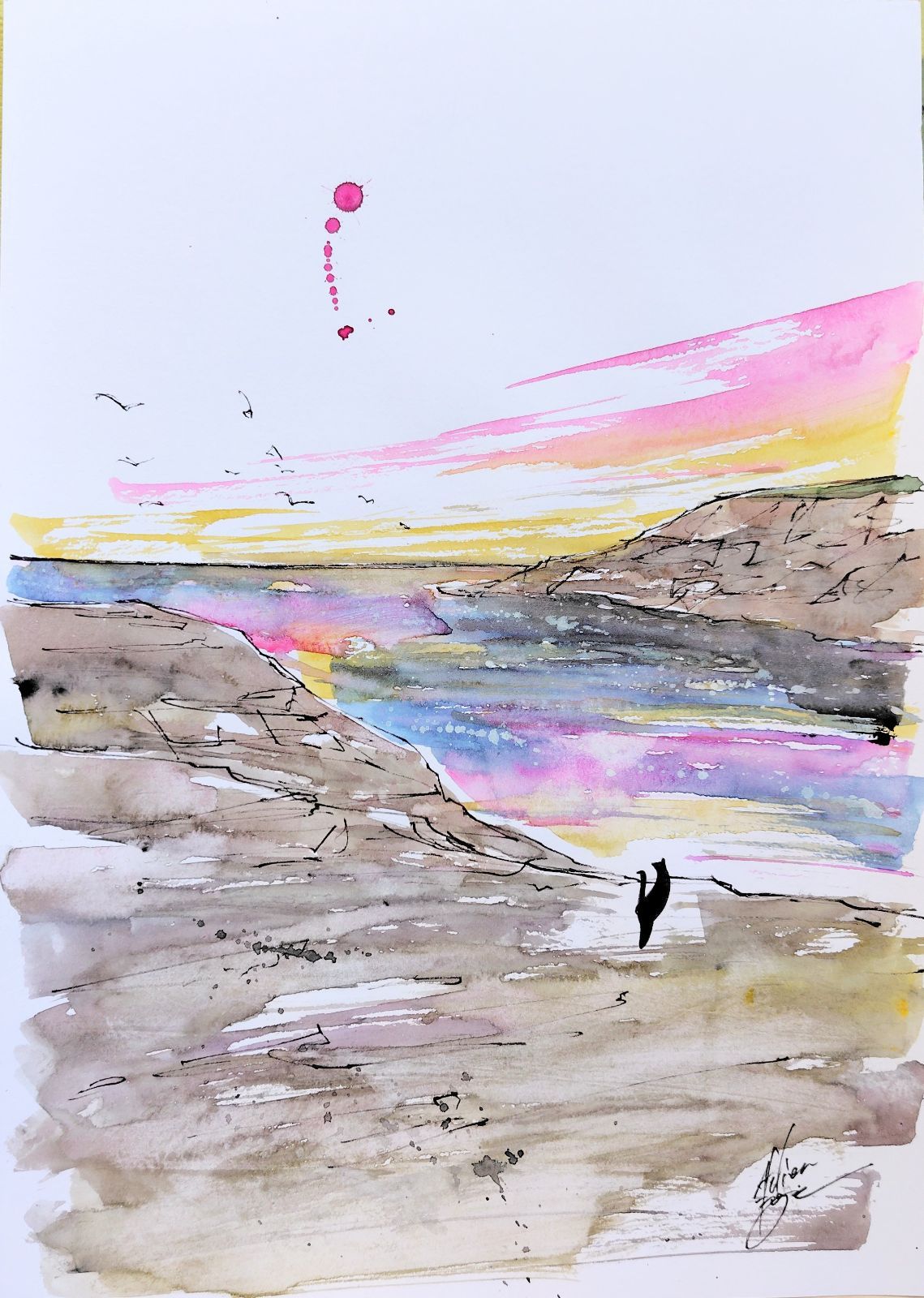 原画#198 黒猫 猫 マルタ共和国 海 地中海 水彩画 ドローイング