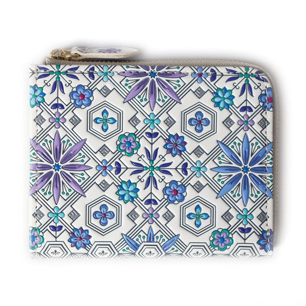 浅草文庫 友禅染 L字ファスナー ミニ 財布 花菱 ハナビシ 日本製 サイフ 革 江戸小紋 ブルー