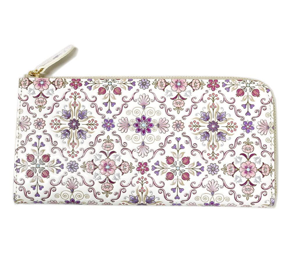 浅草文庫 L字ファスナー 長財布 オリエント 柄 スリム 財布 サイフ 革 友禅染 江戸小紋 ピンク