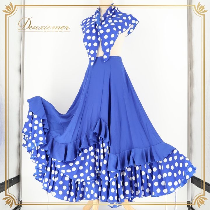 フラメンコ 衣装 ファルダ スカート シージョ ペチコート ドット 水玉 フリル ボランテ 青 白 ピキージョ ダンス パーティ 発表会 スペイン製 ホワイト系 ブルー系 レディース スカートファッション フリル付き おしゃれ コスチューム
