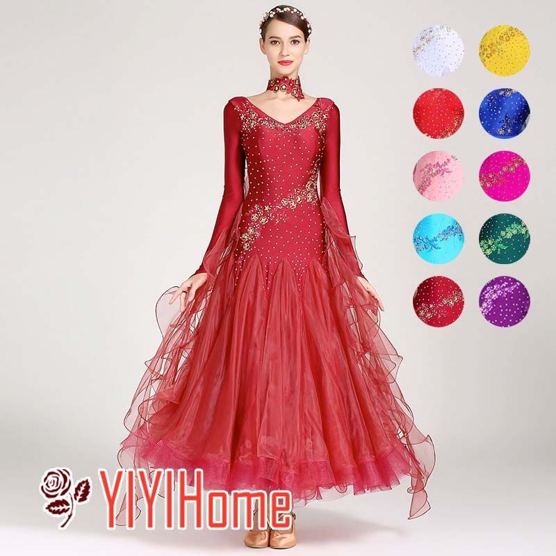 レディース 社交ダンス衣装 モダンドレス レースワンピース ビジュー ラインストーン オフショルダー キャミソール 長袖 パステルカラー 上品 華やか キレイ ゴージャス 豪華 大会 競技用 ワルツ ラテンダンス シフォンドレス 大きい裾