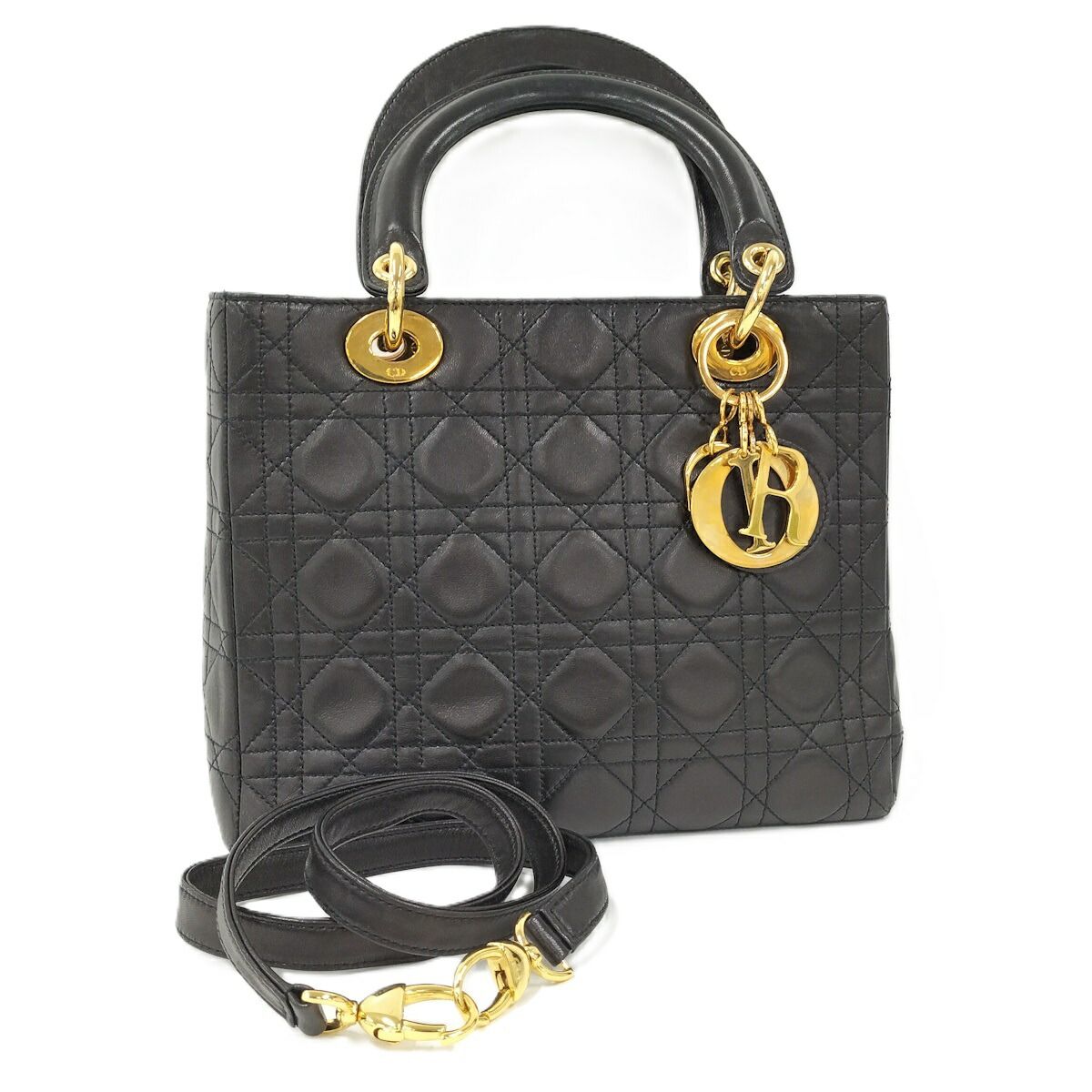 Christian Dior レディディオール カナージュ 2 WAYバッグ レザー ブラック