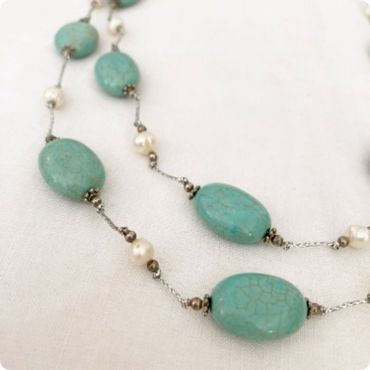 フランス直輸入 女性らしく華やかな印象に ターコイズとパール ヴィンテージ ネックレス