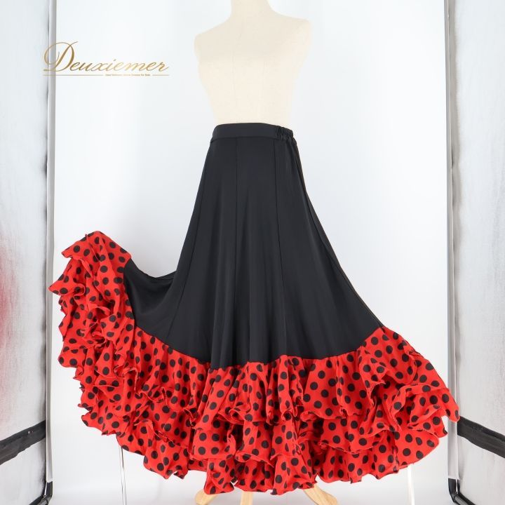 フラメンコ 衣装 ファルダ スカート 黒 赤 ボランテ フリル ドット
