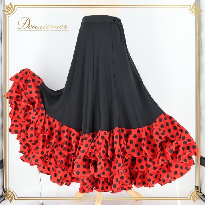 フラメンコ 衣装 ファルダ スカート 黒 赤 ボランテ フリル ドット