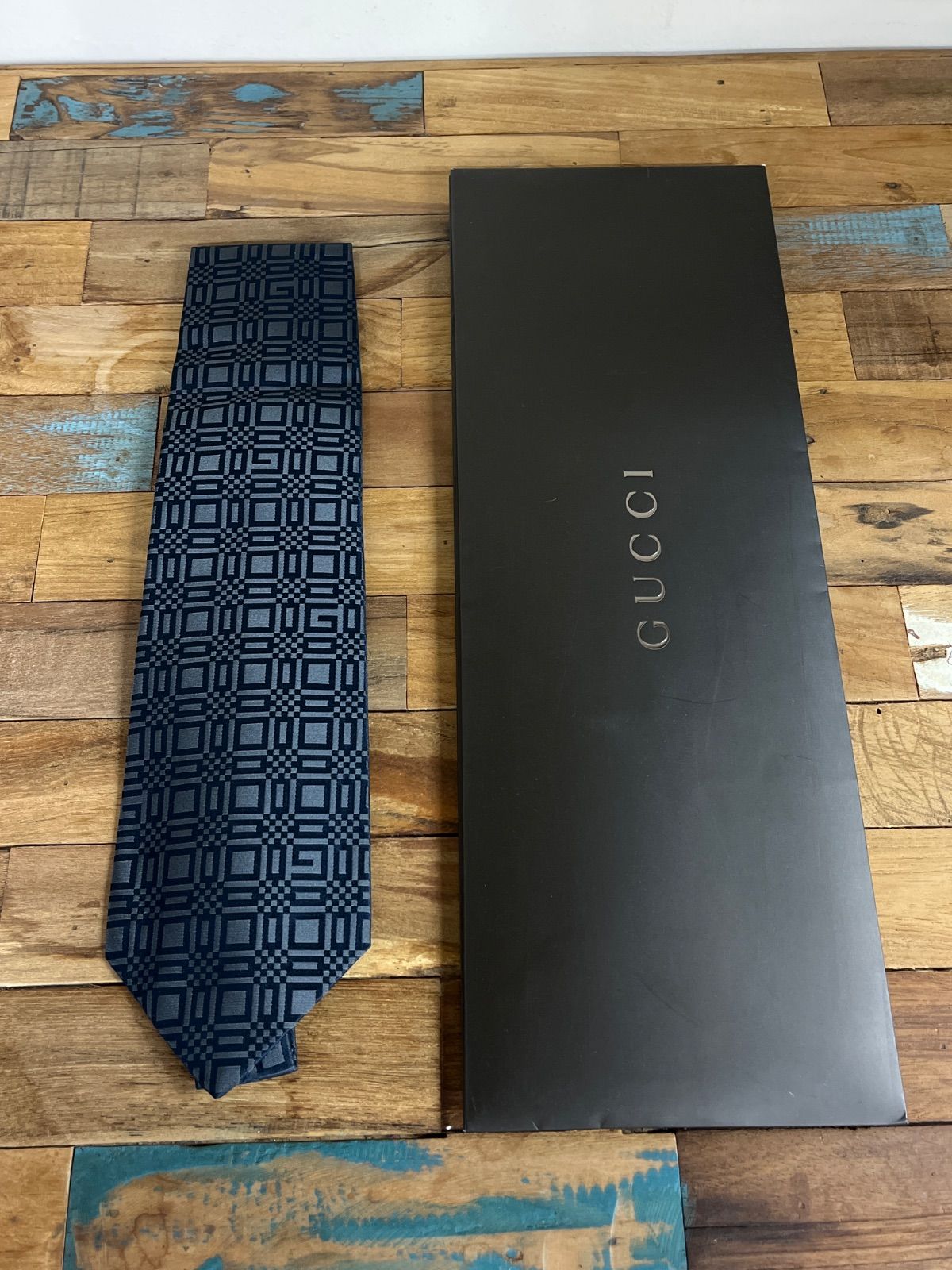 ♥ タグ有り GUCCI シルクネクタイ ネイビー ブロックパターン 平袋付き ts-010