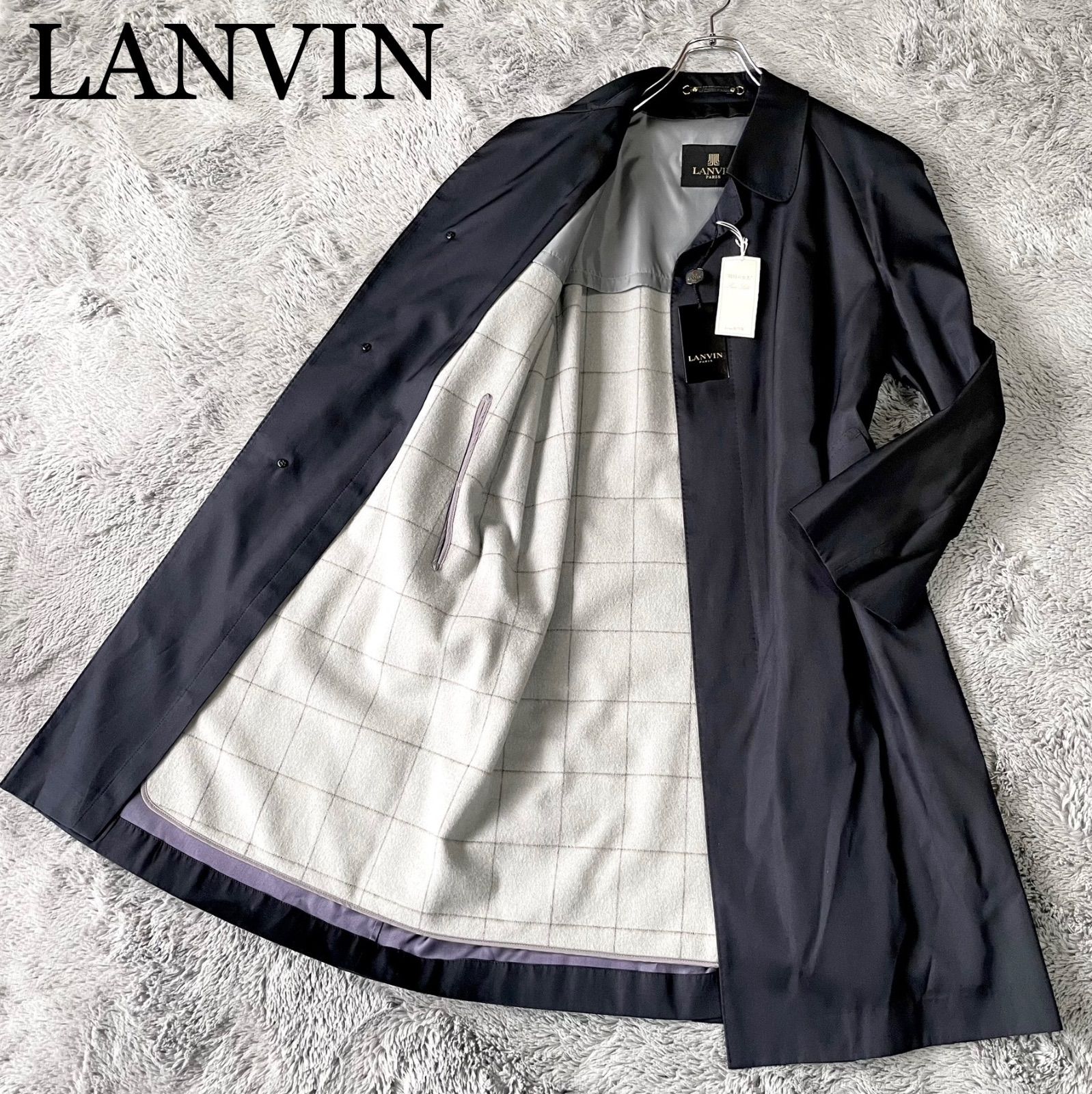 一生ものの !! タグ付き♥ LANVIN ランバン シルク バルマカーンコート ステンカラーコート ロングコート ライナー付き R 46 M相当 ダークネイビー 濃紺 ブラック 黒