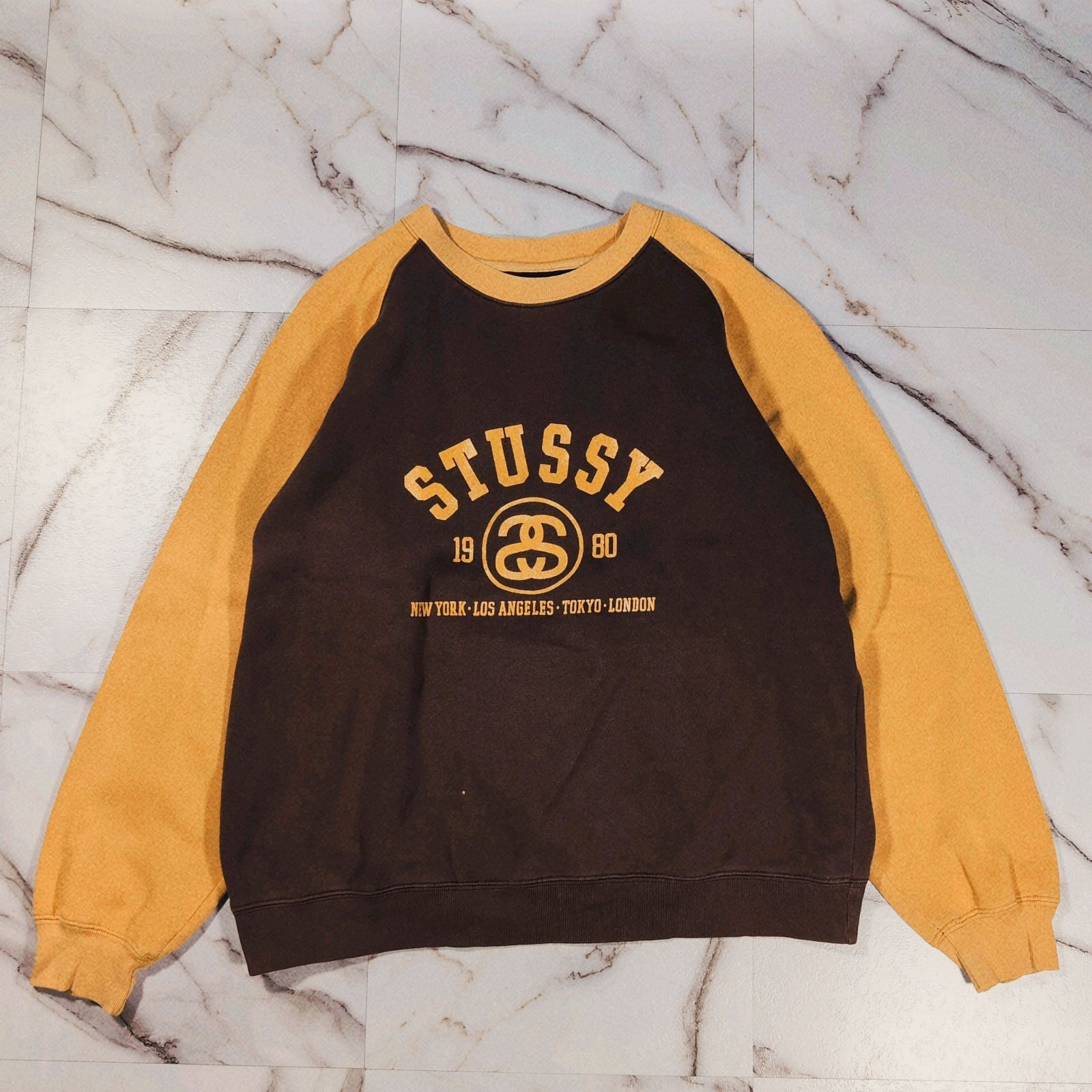 90s 紺タグ OLD STUSSY Sマークロゴプリント ラグランスウェットS OLD 