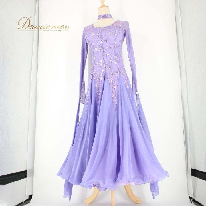 【社交ダンス衣装】パープル ワンピース ドレス フロート レース ラインストーン 社交ダンス衣装】パープル ワンピース ドレス フロート レース ライン