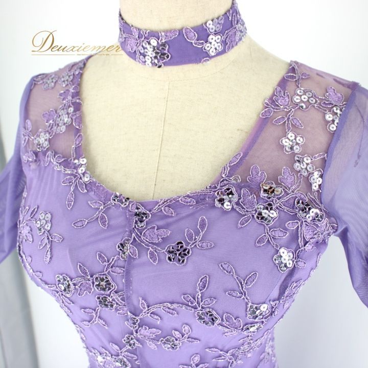 社交ダンス 衣装 スタンダード ドレス ワンピース パーティ衣装 オールシーズン solo 紫 パープル系 シルバー系 チョーカー レース 派手 スパンコール ライラックパープル フロート デザイン 伸縮性あり 軽やか 女性用 Mサイズ