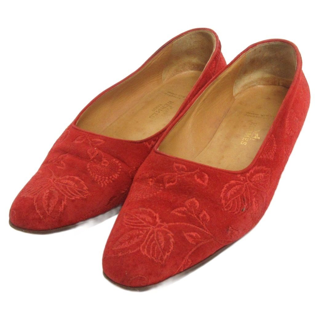 エルメス HERMES パンプス ローヒール 刺繍 赤 レッド 36 22 5 cm相当 AA