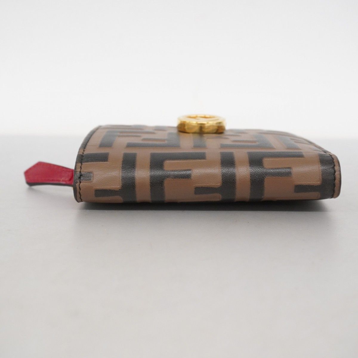 5 pe 7085 フェンディ 財布 ズッカ レザー ブラウン レッド ゴールド金具 レディース