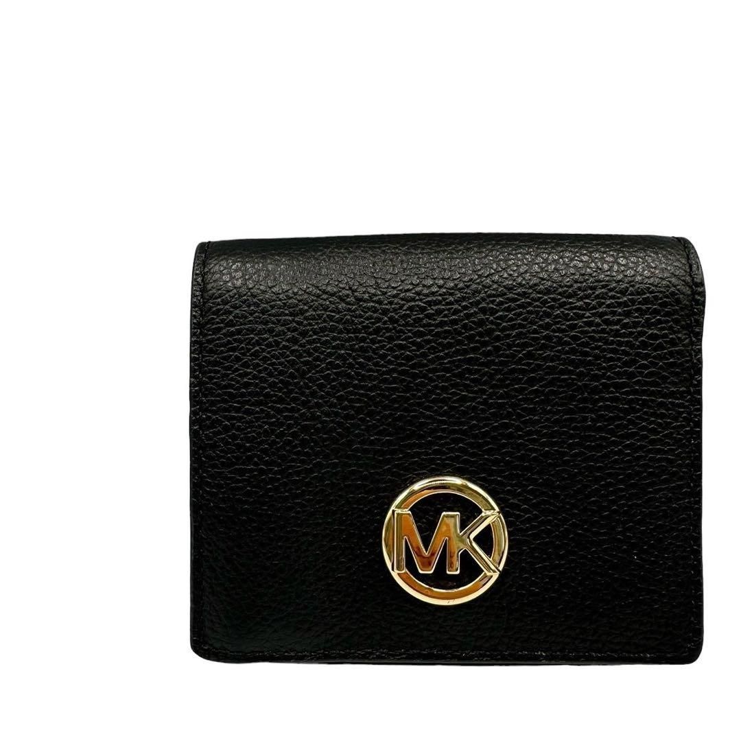  折財布 財布 MICHAEL KORS マイケルコース 二つ折り財布 黒 金ロゴ ブラック シンプル 本革 レザー ミニ財布 レディース 女性 ロゴ シック 小物 二つ折り財布 折り財布