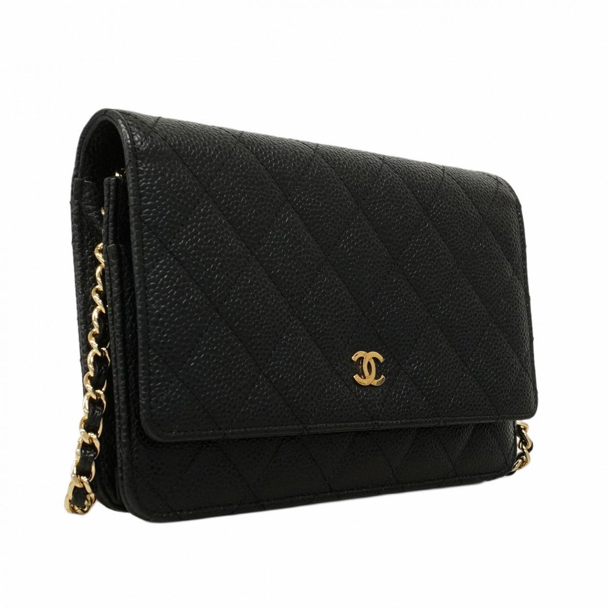 5 pe 7074 シャネル ショルダーウォレット マトラッセ キャビアスキン ブラック ゴールド金具 レディース