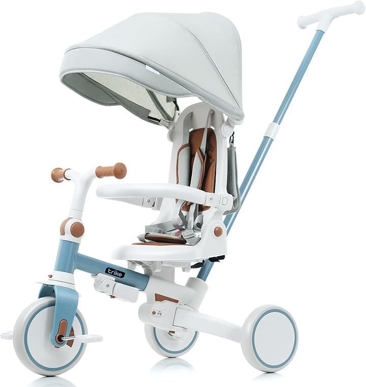 Hi-Zepniqo 子供用三輪車 7 in 1 折りたたみ 手押し棒付き 座面回転 自転車 超軽量 乗用玩具 プレゼント ブルー