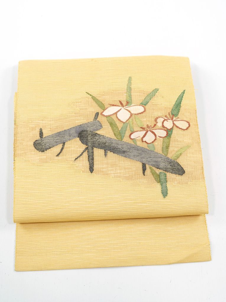 リサイクル 名古屋帯 絽つづれ 八ツ橋に菖蒲 正絹 _ 西陣 夏帯 夏物 カジュアル おしゃれ着 洒落着 パーティ お出かけ お茶会 お稽古 練習 夏八寸 夏九寸 夏 仕立て上がり no 24325 s