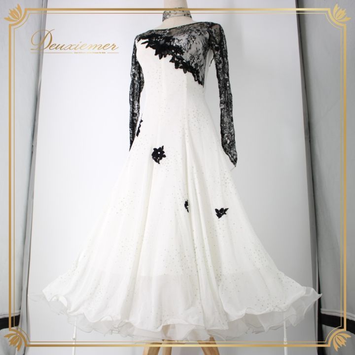 社交ダンス 衣装 スタンダード ドレス ワンピース パーティ衣装 オールシーズン Coval 白 黒 ブラック系 ホワイト系 チョーカー レース 長袖 フロート 派手 フラワーレース シルエット ふんわり 飾り スカート 薄手 おしゃれ 感 大人