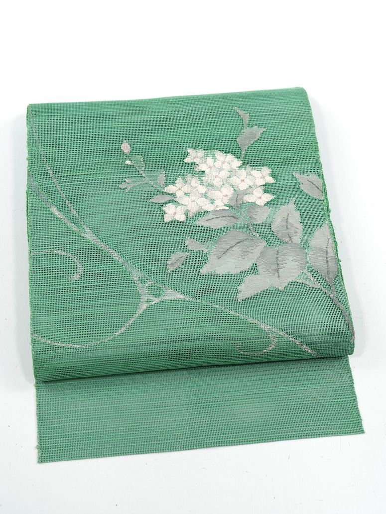 リサイクル 名古屋帯 紗 すくい織 あじさい 正絹 _ 西陣 夏帯 夏物 カジュアル おしゃれ着 洒落着 パーティ お出かけ お茶会 お稽古 練習 夏八寸 夏九寸 夏 仕立て上がり no 24425 s