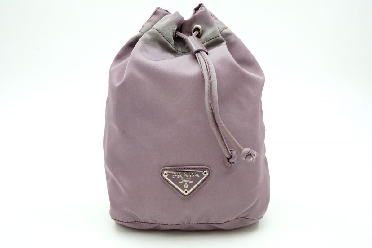 プラダ ミニ ハンドバッグ ポーチ 巾着 三角ロゴプレート ギャランティカード付き ナイロン 紫 パープル PRADA 4967 h