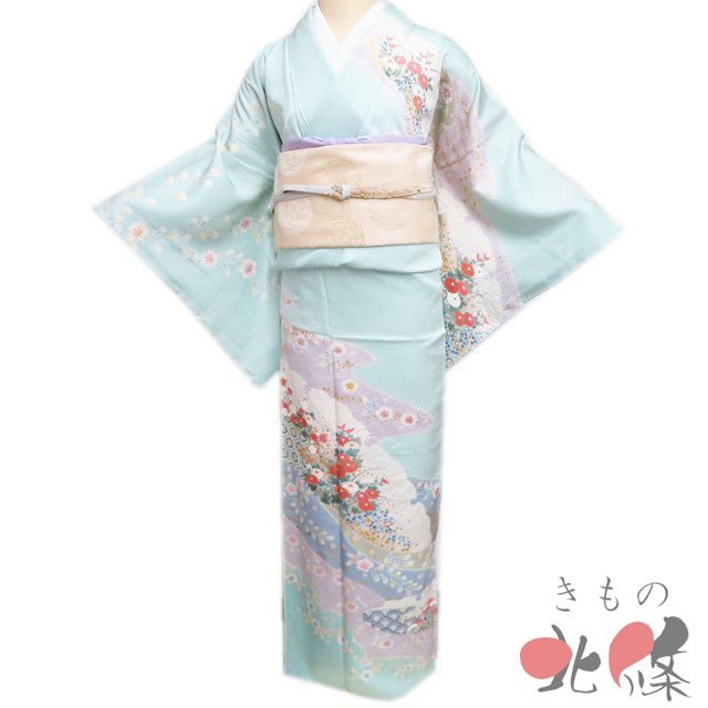訪問着 着物 中古 正絹 袷 フォーマル 金彩 絞り染め 花の図 薄水色 多