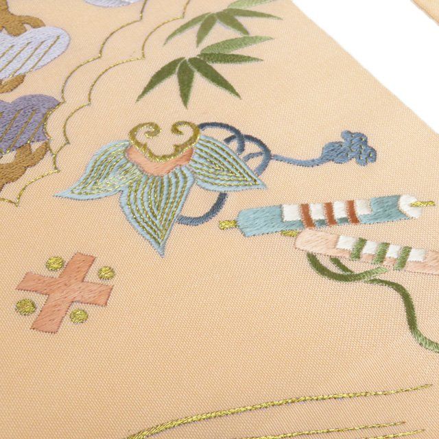 名古屋帯 なごや帯 中古 リサイクル 正絹 仕立て上がり 蘇州刺繍 金糸 松竹梅に宝物の図 波文 赤香色 多色 きもの北條 A1314-13 名古屋帯 なごや帯 中古 リサイクル 正絹 仕立て上がり 蘇州刺繍 金糸