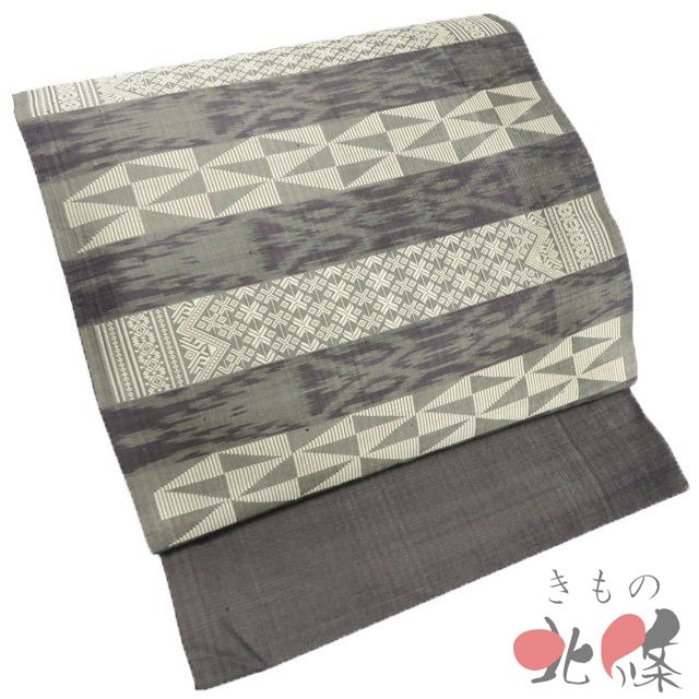 特選 名古屋帯 なごや帯 リサイクル 正絹 カジュアル 仕立て上がり 幾何学模様 鶸茶色 蒸栗色 きもの北條 A 1314-14