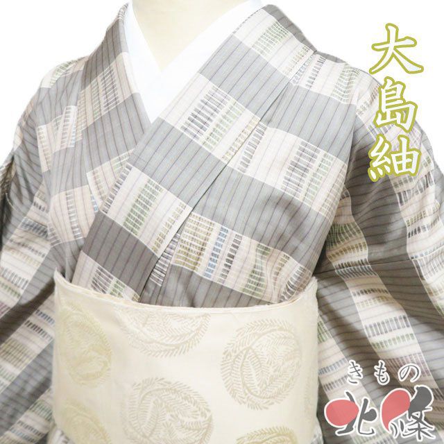 大島紬 着物 正絹 袷 カジュアル 東郷織物 灰汁色 薄香色 多色 身丈156 cm 裄64 M ワイド きもの北條 A 1314-2