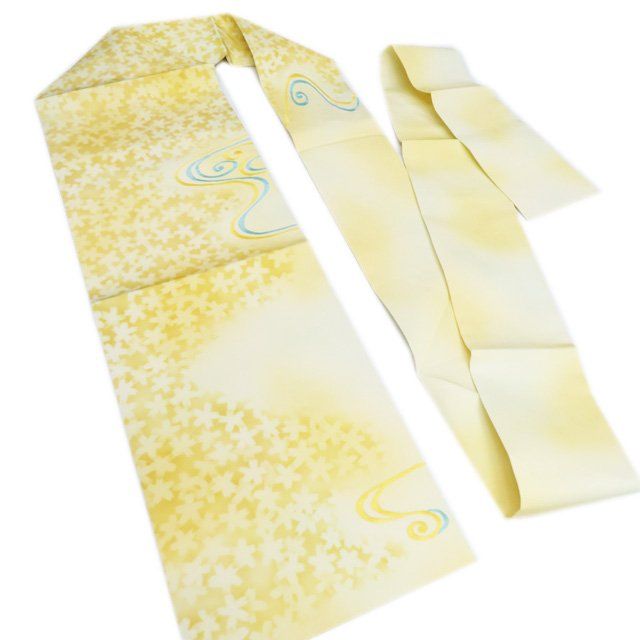 名古屋帯 なごや帯 リサイクル 正絹 カジュアル 仕立て上がり 塩瀬 刺繍 流水文 花模様 黄色 きもの北條 A 1314-11