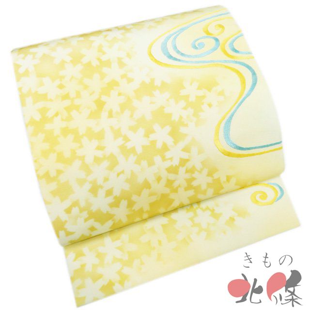 名古屋帯 なごや帯 リサイクル 正絹 カジュアル 仕立て上がり 塩瀬 刺繍 流水文 花模様 黄色 きもの北條 A 1314-11