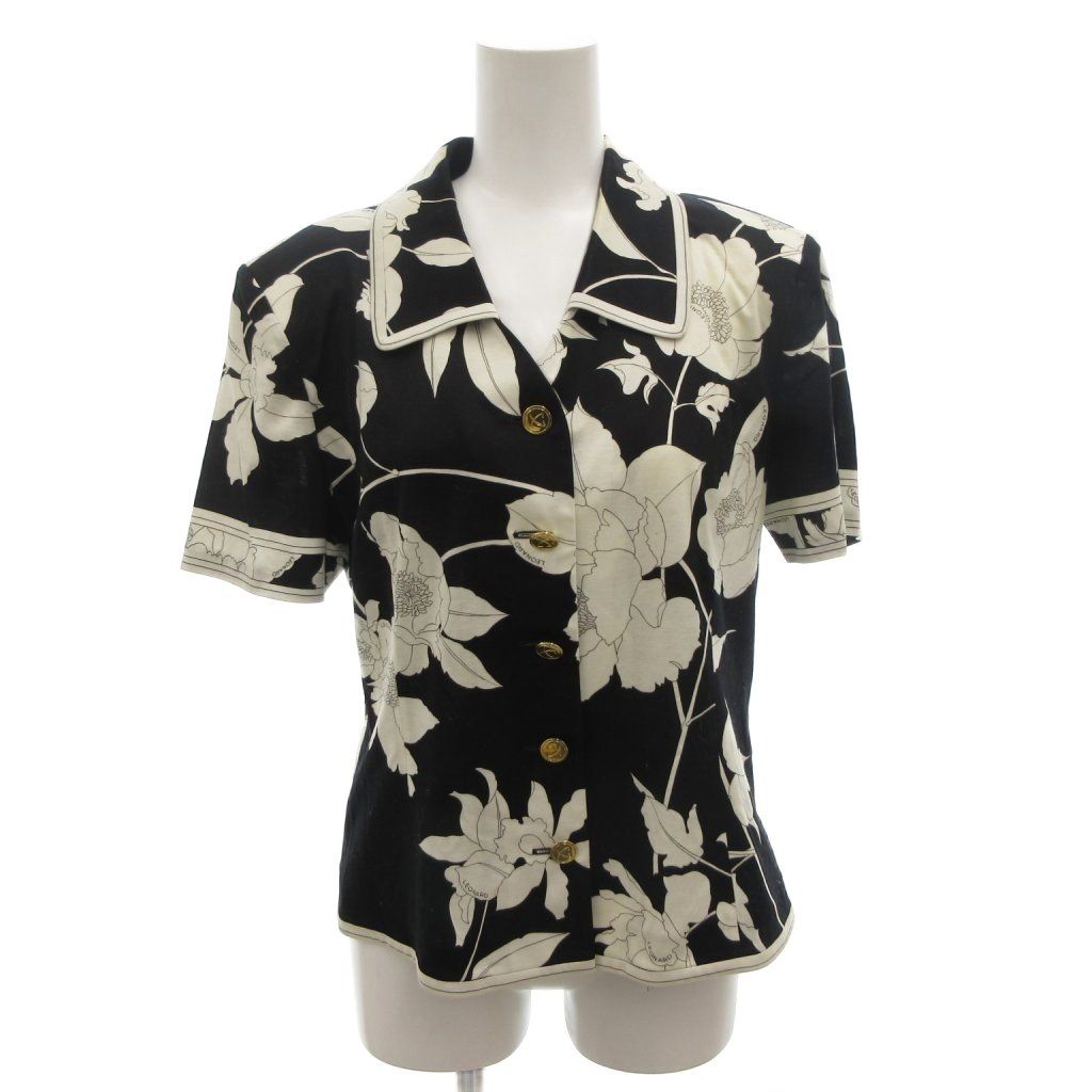 レオナール LEONARD シャツ ブラウス 白 ホワイト 黒 ブラック フローラル柄 花がら 金ボタン 半袖 開襟 |FF ECT