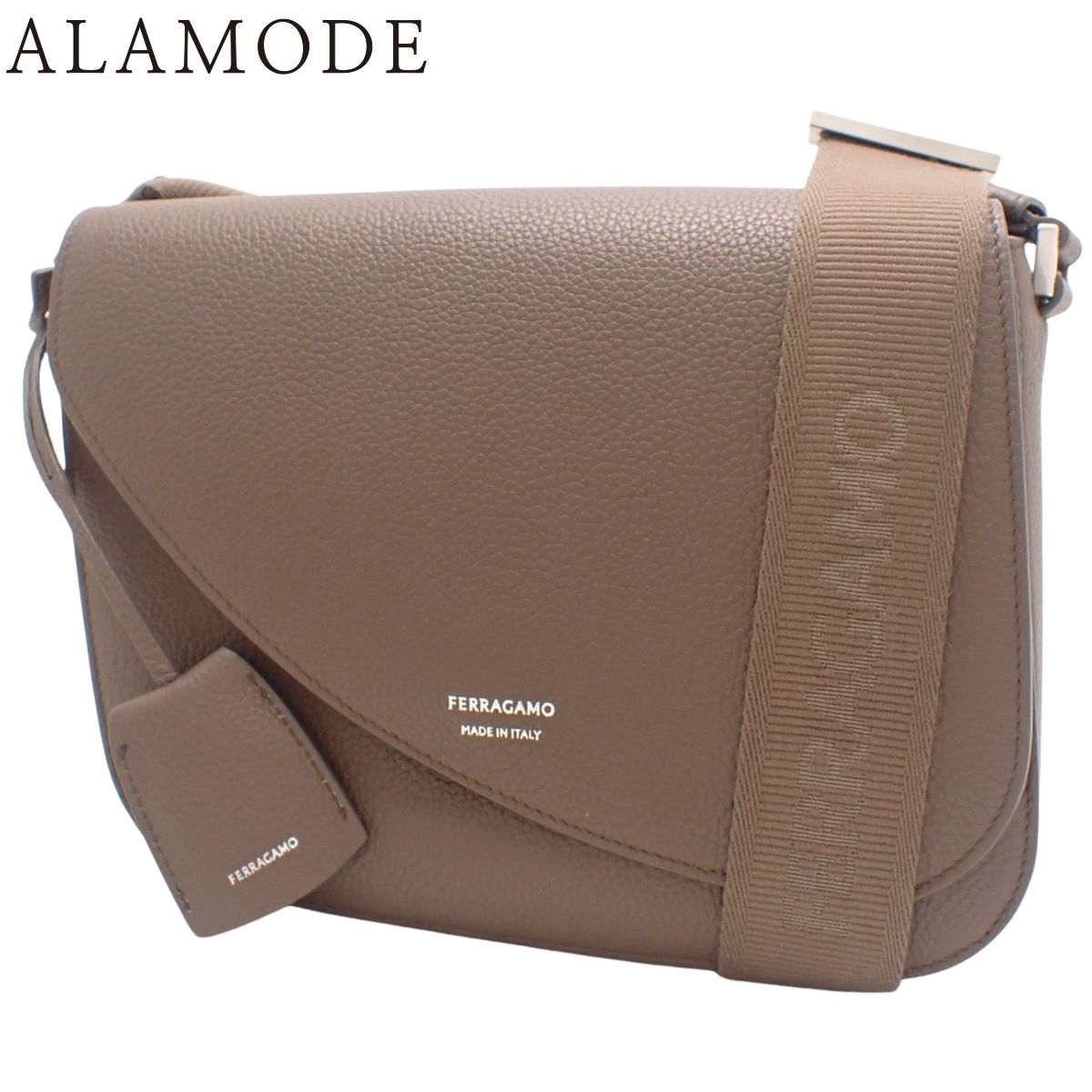 Salvatore Ferragamo フェラガモ Fiamma フィアマ ショルダーバッグ 肩掛け 斜め掛け カーフ ブラウン茶 マットシルバー金具 241588 メンズ アラモード