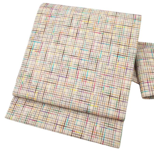 すごい値 名古屋帯 九寸 全通 ♥ ひでや帯工房 京都 薄ベージュ 多色 小格子 綿 100％ 木綿 カジュアル 仕立て上がり 春 秋 冬 観劇 お食事 ショッピング お出かけ リサイクル すごいね みやがわ neb 01606