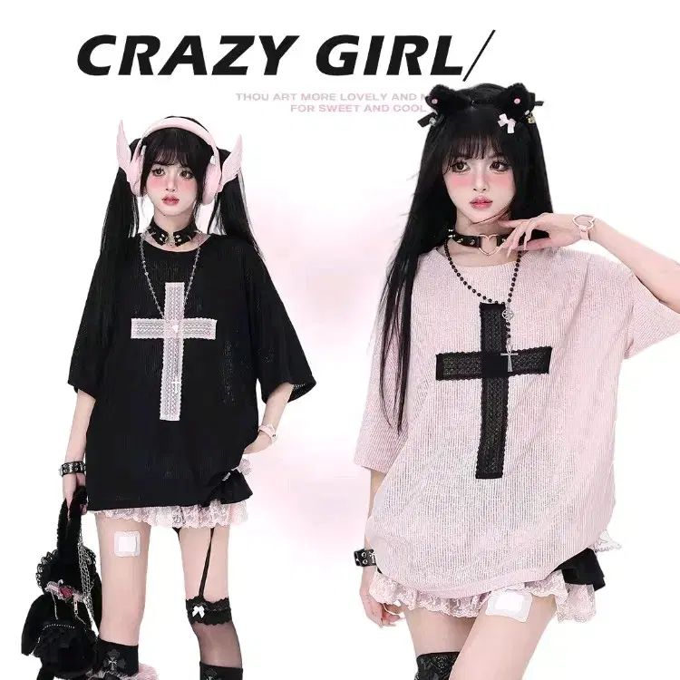 crazy girl 十字架 シースルー 半袖Tシャツ 3種 量産型 地雷系 サブカルチャー