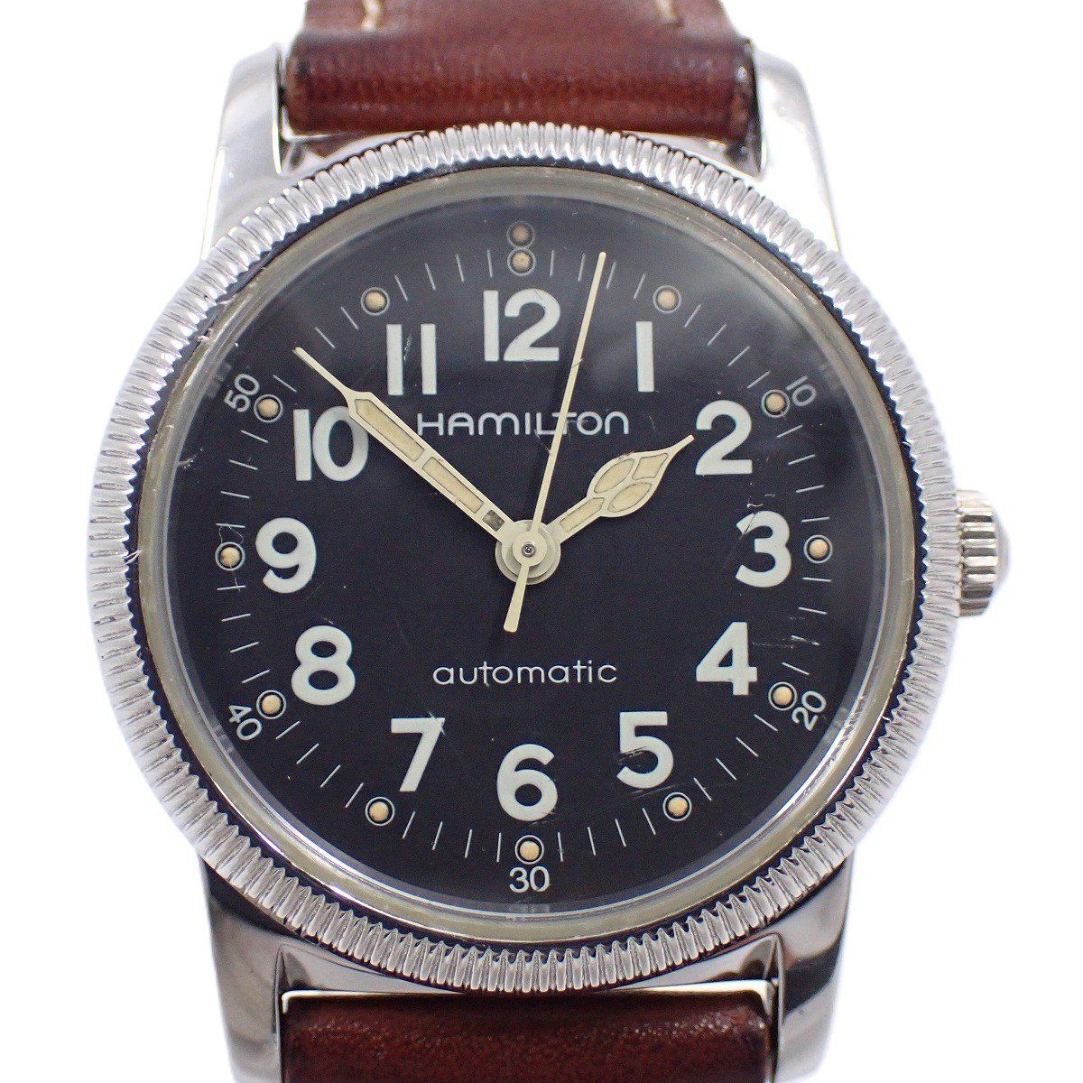 ハミルトン ミリタリーウォッチ 自動巻き メンズ 腕時計 黒文字盤 ブラウン革ベルト 9789 交換用ベルト付