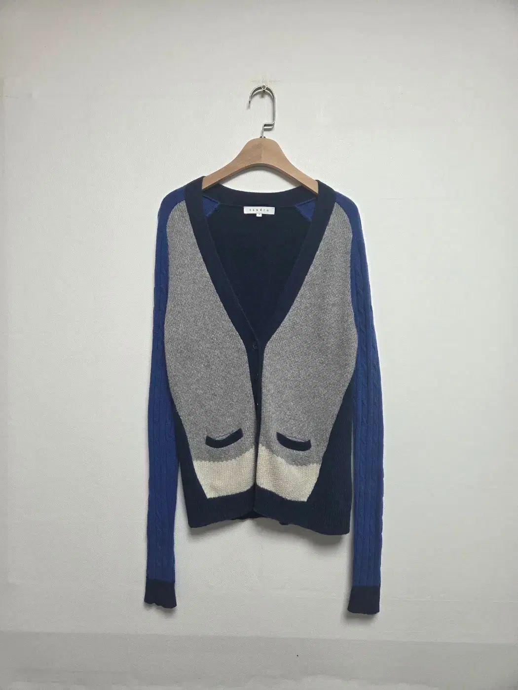 サンドロ バイカラー ウール混 ニート カーディガン グレー＆ブルー S