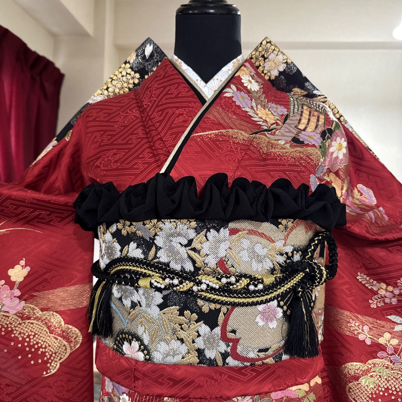 豪華振袖セット 4点 袋帯 半衿 重ね衿 古典柄 御所車花文 金彩 箔 菊 桜 霞 籠目 染め分け 地紋 正絹