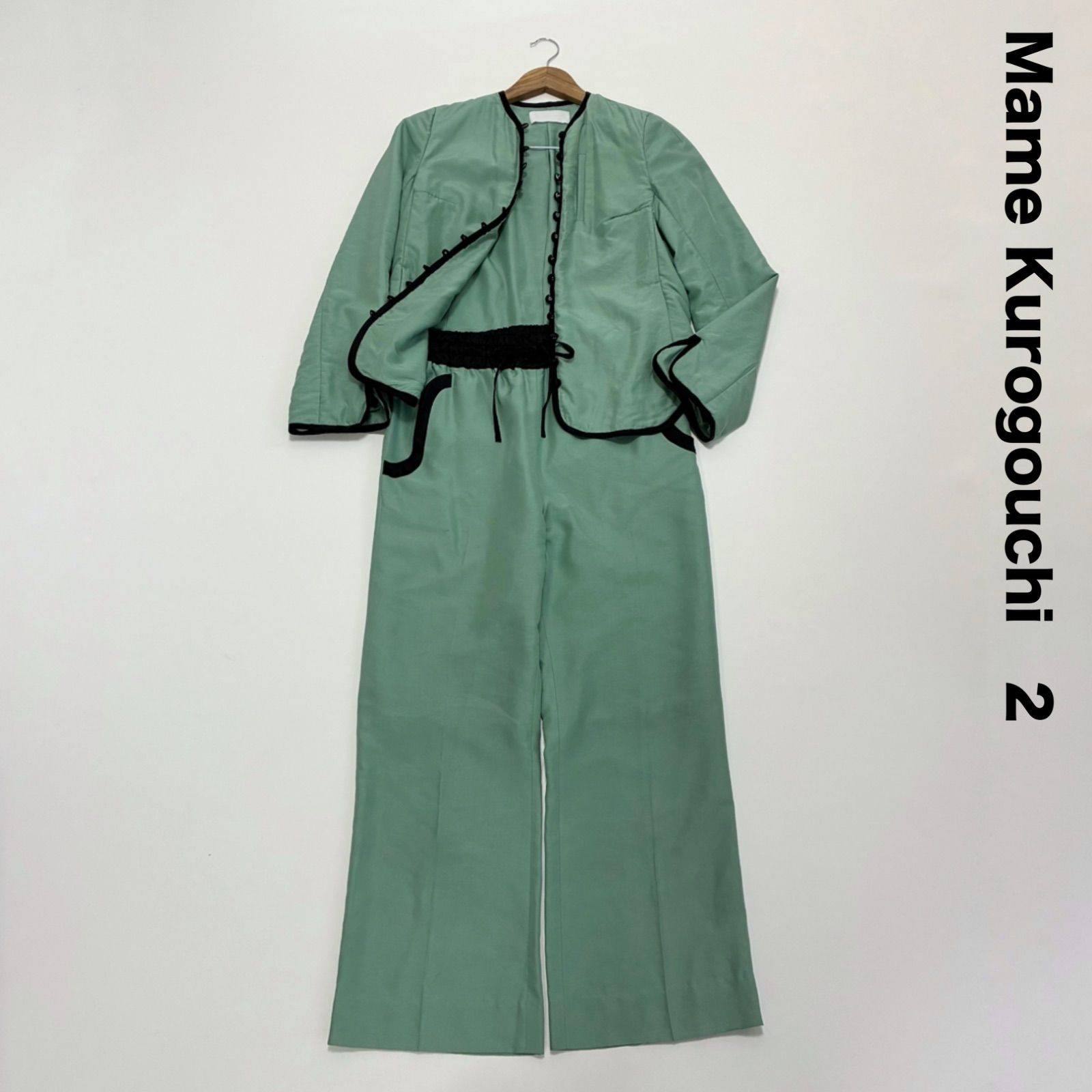 Mame Kurogouchi マメクロゴウチ 中綿ジャケット-シルクパンツ セットアップ グリーン 2 チャイナ