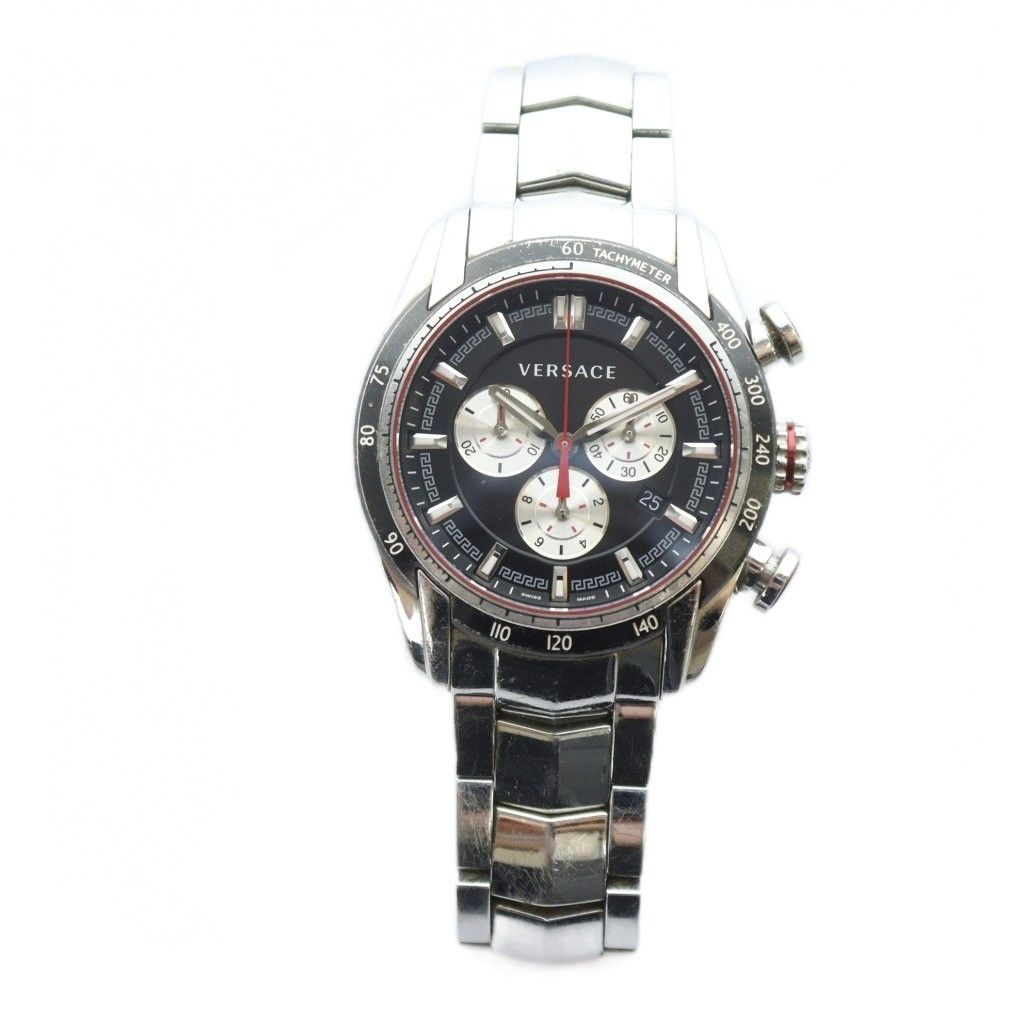 ヴェルサーチ ヴェルサーチェ VERSACE V-RAY 腕時計 ウォッチ クォーツ ロゴ 黒文字盤 クロノグラフ カレンダー付き シルバー色 GY 11 |MQ