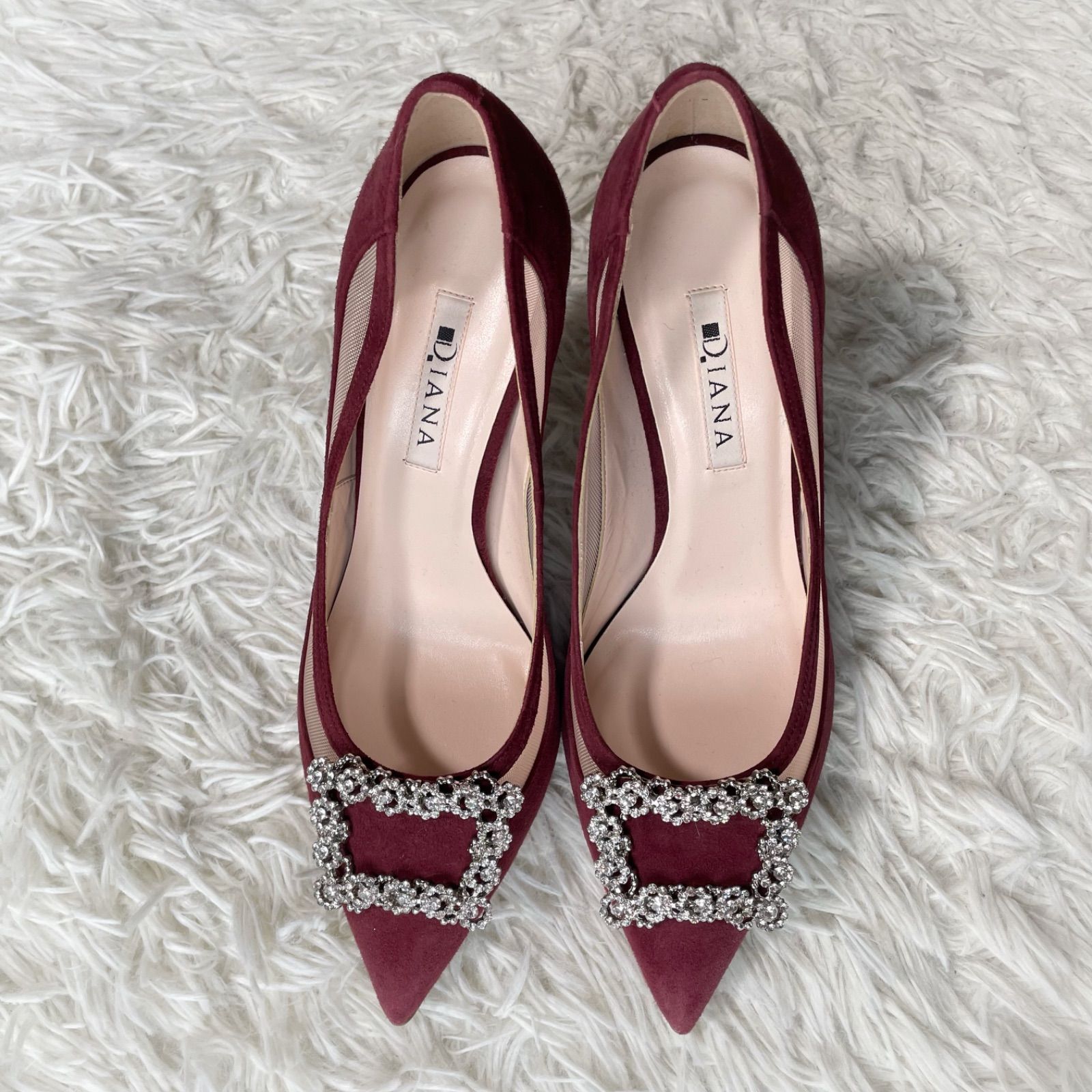 【新品未使用】 ダイアナ パンプス ビジュ バックル スエード×メッシュ ダイアナ DIANA 美品 ビジュースクエアバックル メッシュ切り替え