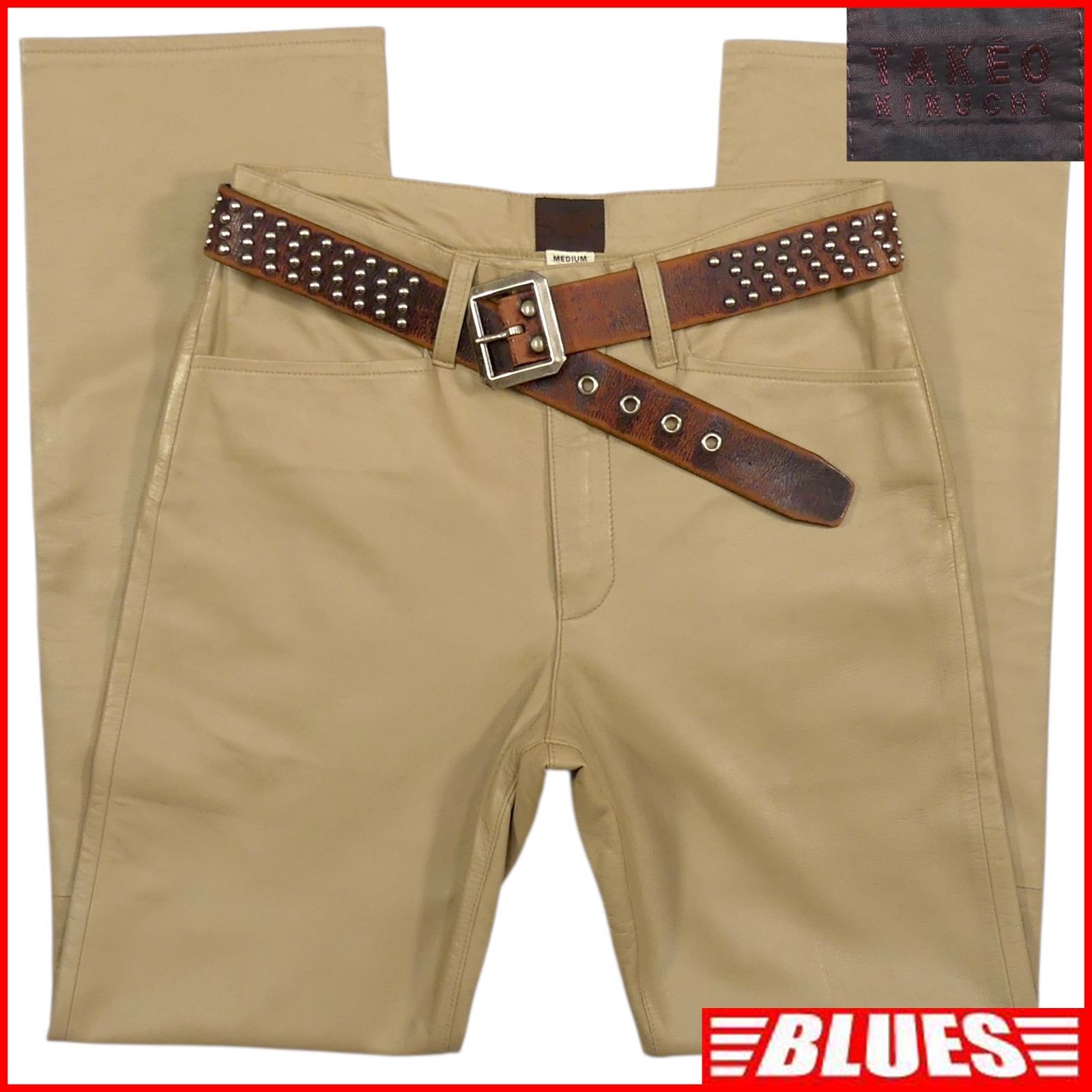 TAKEO KIKUCHI タケオキクチ レザーパンツ 本革 メンズ ベージュ 革パンツ 本皮 アイボリー 羊革 レザーパンツ_ウエスト73 cmから77 cm一覧←SEULB屋着古← JJ 1507