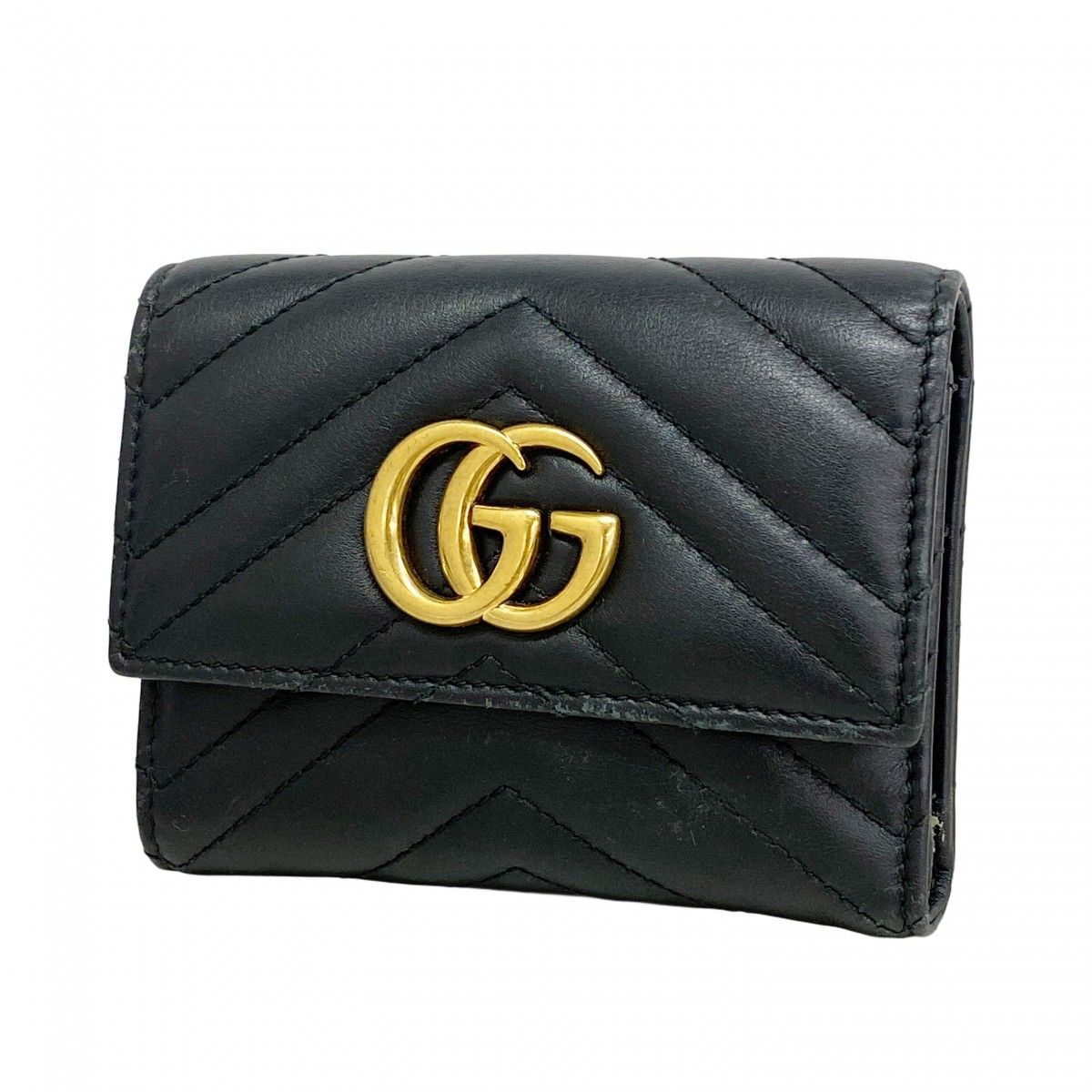 【美品】グッチ 二つ折り財布 ブラック マーモント レザー ゴールドロゴ GUCCI（グッチ） 財布 GGマーモント 二つ折り財布 523193 レザー
