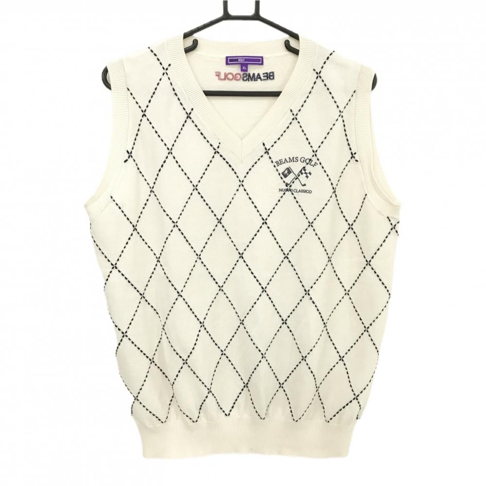 超 ビームスゴルフ ニットベスト アイボリー×ダークネイビー 前面ダイヤ柄編み カシミヤ混 メンズ XL ゴルフウェア BEAMS GOLF