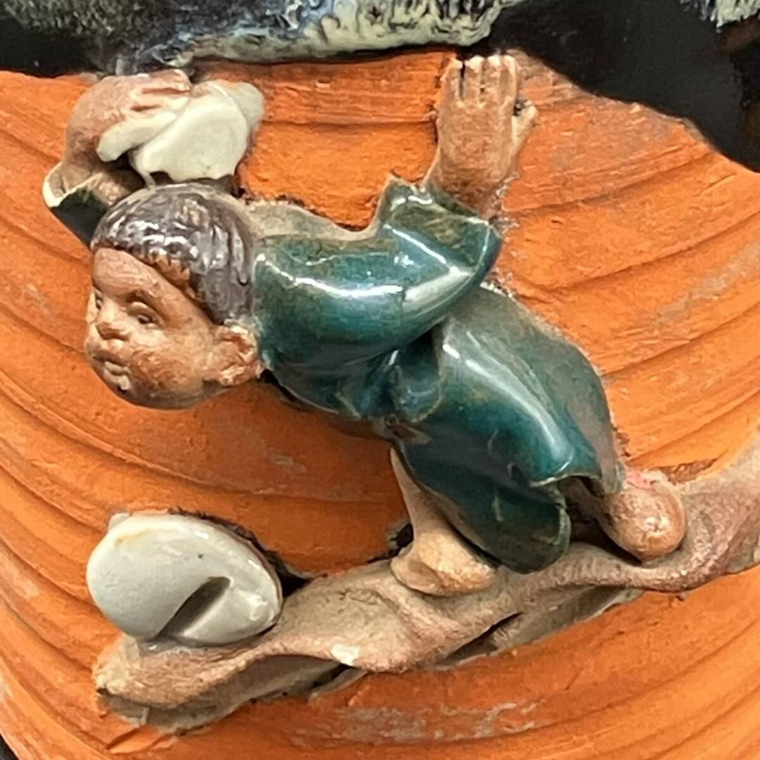 隅田焼 井上良斎 造 高浮彫 人物図 辰砂釉 マグカップ 明治期 古陶器