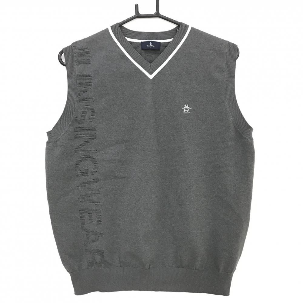 超美品】マンシングウェア ニットベスト グレー×白 ロゴ透かし編み V