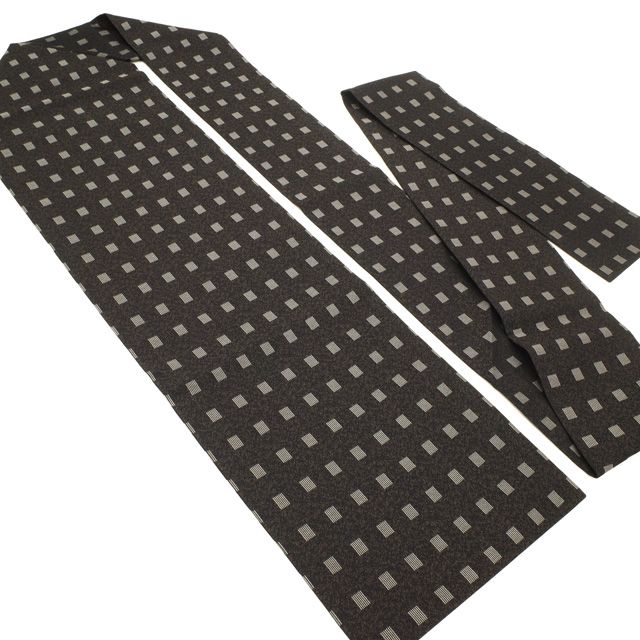 名古屋帯 ♥ 正絹 全通 九寸 織り柄 黒 こげ茶 ブラック ダークブラウン モダン柄 スクエア柄 変わり縞 シンプル 上質 カジュアル 仕立て上がり みやがわ sb 54945